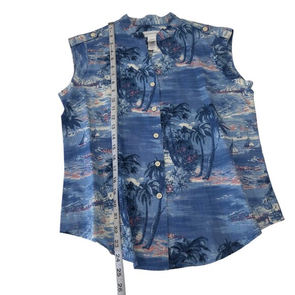 Liz Claiborne Women SZ M Sleeveless Collared Blue Hawaiian Print Blouse - Picture 7 of 10